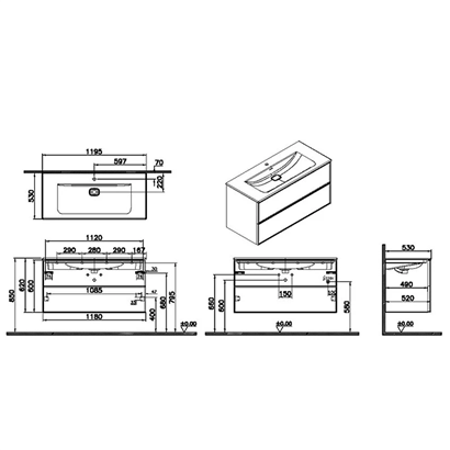 Vitra Metropole Edge Lavabo Dolabı 120 Cm, İki Çekmeceli Etajerli Lavabolu, Ceviz