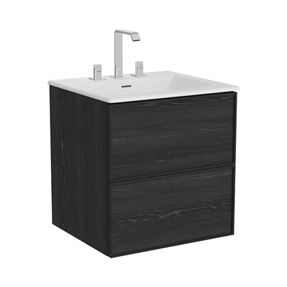 Vitra Metropole Edge Lavabo Dolabı 60 Cm, İki Çekmeceli Etajerli Lavabolu, Üç Armatür Delikli, Siyah Meşe