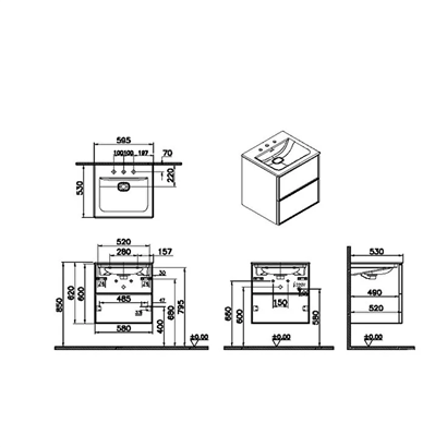 Vitra Metropole Edge Lavabo Dolabı 60 Cm, İki Çekmeceli Etajerli Lavabolu, Üç Armatür Delikli, Siyah Meşe