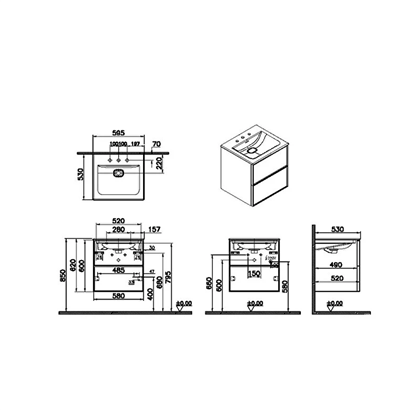 Vitra Metropole Edge Lavabo Dolabı 60 Cm, İki Çekmeceli Etajerli Lavabolu, Üç Armatür Delikli, Ceviz