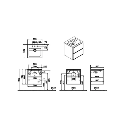 Vitra Metropole Edge Lavabo Dolabı 60 Cm, İki Çekmeceli Etajerli Lavabolu, Üç Armatür Delikli, Açık Meşe