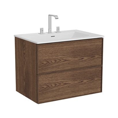 Vitra Metropole Edge Lavabo Dolabı 80 Cm, İki Çekmeceli Etajerli Lavabolu, Üç Armatür Delikli, Ceviz