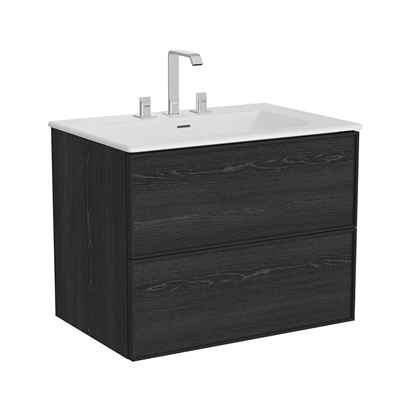 Vitra Metropole Edge Lavabo Dolabı 80 Cm, İki Çekmeceli Etajerli Lavabolu, Üç Armatür Delikli, Siyah Meşe