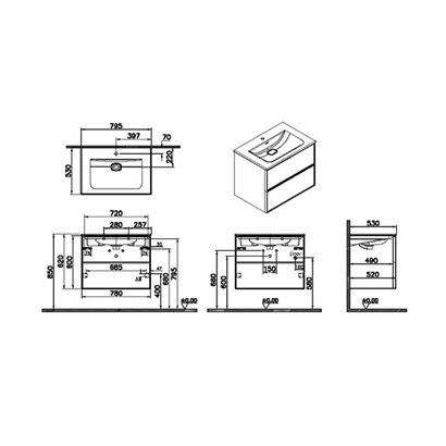 Vitra Metropole Edge Lavabo Dolabı 80 Cm, İki Çekmeceli Etajerli Lavabolu, Açık Meşe