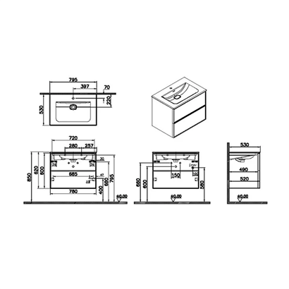 Vitra Metropole Edge Lavabo Dolabı 80 Cm, İki Çekmeceli Etajerli Lavabolu, Siyah Meşe