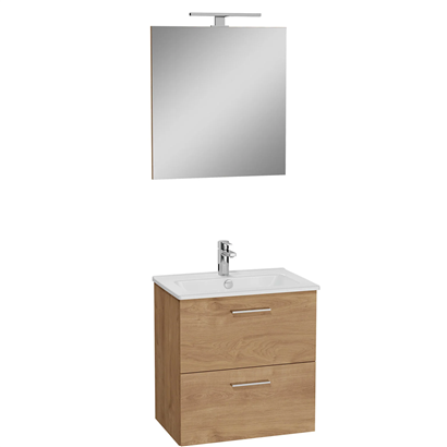 Vitra Mia Banyo Dolabı Seti 60 Cm, İki Çekmeceli Lavabo Dolabı, Aydınlatmalı Düz Ayna, Altın Meşe