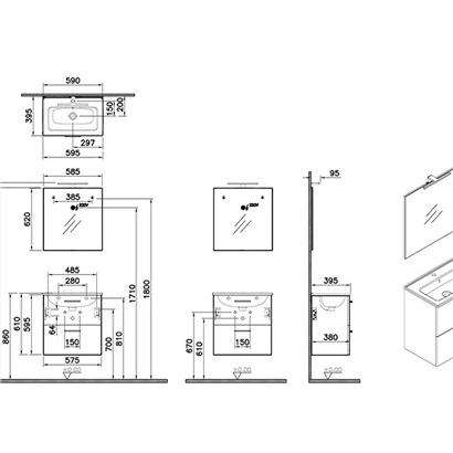 Vitra Mia Banyo Dolabı Seti 60 Cm, İki Çekmeceli Lavabo Dolabı, Aydınlatmalı Düz Ayna, Altın Meşe