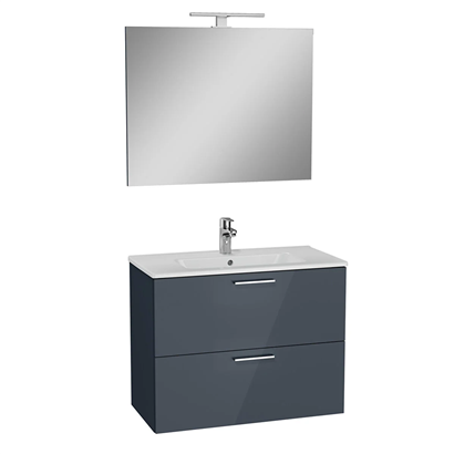 Vitra Mia Banyo Dolabı Seti 80 Cm, İki Çekmeceli Lavabo Dolabı, Aydınlatmalı Düz Ayna, Parlak Antrasit