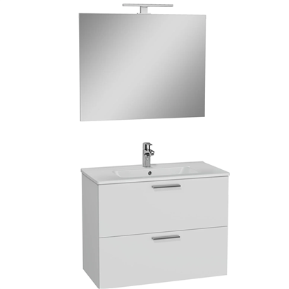 Vitra Mia Banyo Dolabı Seti 80 Cm, İki Çekmeceli Lavabo Dolabı, Aydınlatmalı Düz Ayna, Parlak Beyaz