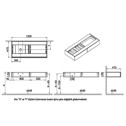 Vitra Origin Tezgah 120 Cm, İki Çekmeceli Sol Sifon Delikli, Hareli Siyah Meşe