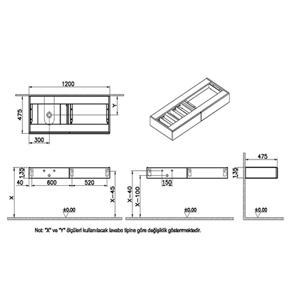Vitra Origin Tezgah 120 Cm, İki Çekmeceli Sol Sifon Delikli, Karaağaç