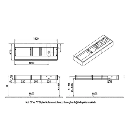 Vitra Origin Tezgah 150 Cm, Üç Çekmeceli Sağ Sifon Delikli, Açık Meşe