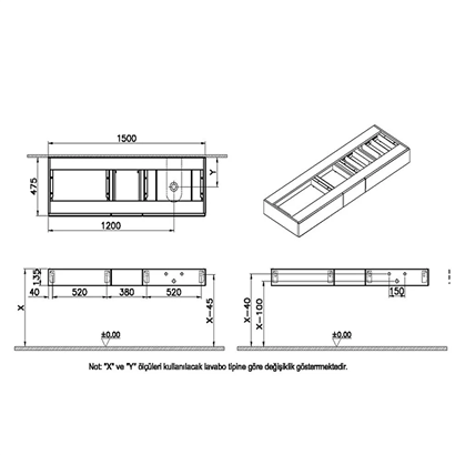 Vitra Origin Tezgah 150 Cm, Üç Çekmeceli Sağ Sifon Delikli, Hareli Siyah Meşe