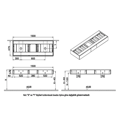 Vitra Origin Tezgah 150 Cm, Üç Çekmeceli Çift Sifon Delikli, Karaağaç