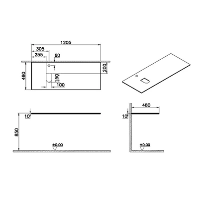Vitra Origin Üst Tezgah 120 Cm, Cam Armatür Delikli, Sol Sifon Delikli, Beyaz