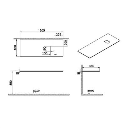 Vitra Origin Üst Tezgah 120 Cm, Cam Armatür Deliksiz, Sağ Sifon Delikli, Siyah