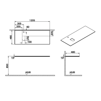 Vitra Origin Üst Tezgah 120 Cm, Cam Armatür Delikli, Sol Sifon Delikli, Siyah
