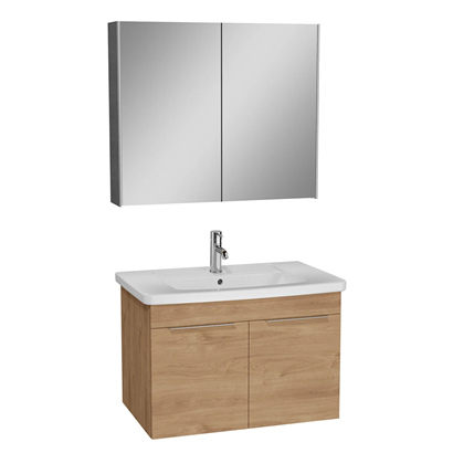 Vitra Quadrum Banyo Dolabı Seti 80 Cm, Kapaklı Lavabo Dolabı, Dolaplı Ayna, Altın Meşe