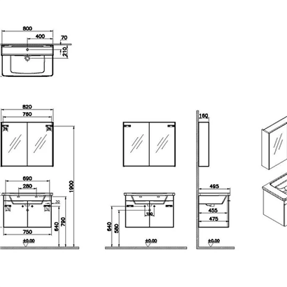 Vitra Quadrum Banyo Dolabı Seti 80 Cm, Kapaklı Lavabo Dolabı, Dolaplı Ayna, Altın Meşe