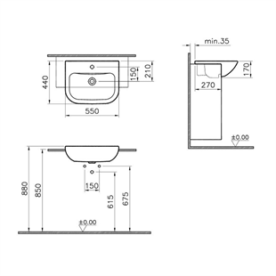 Vitra S20 Yarım Tezgah Lavabo, 55 Cm