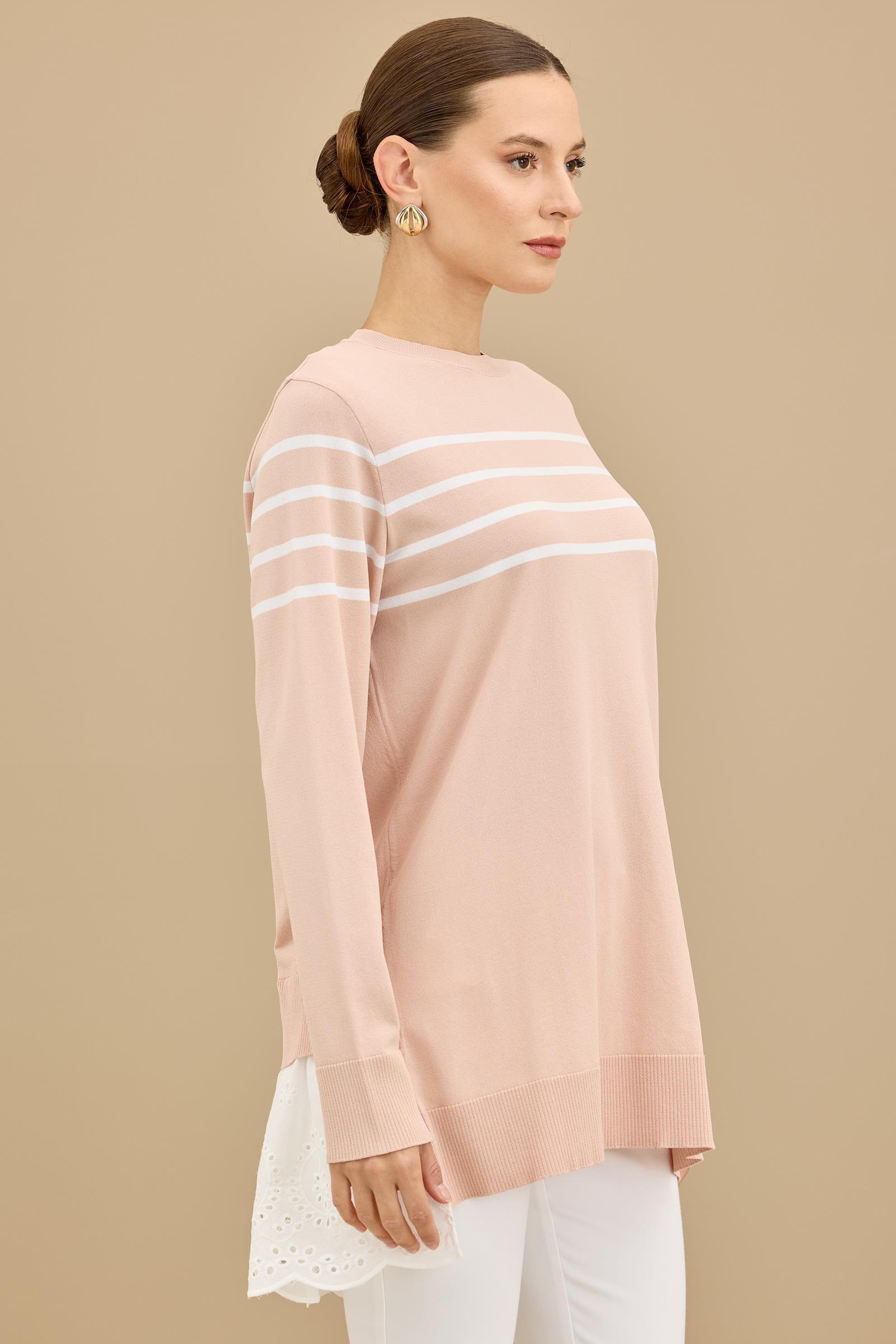 Arkası Güpür Çizgili Rayon Tunik PUDRA