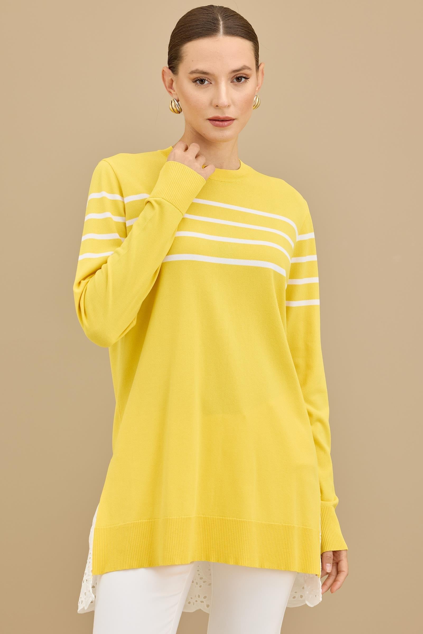 Arkası Güpür Çizgili Rayon Tunik SARI