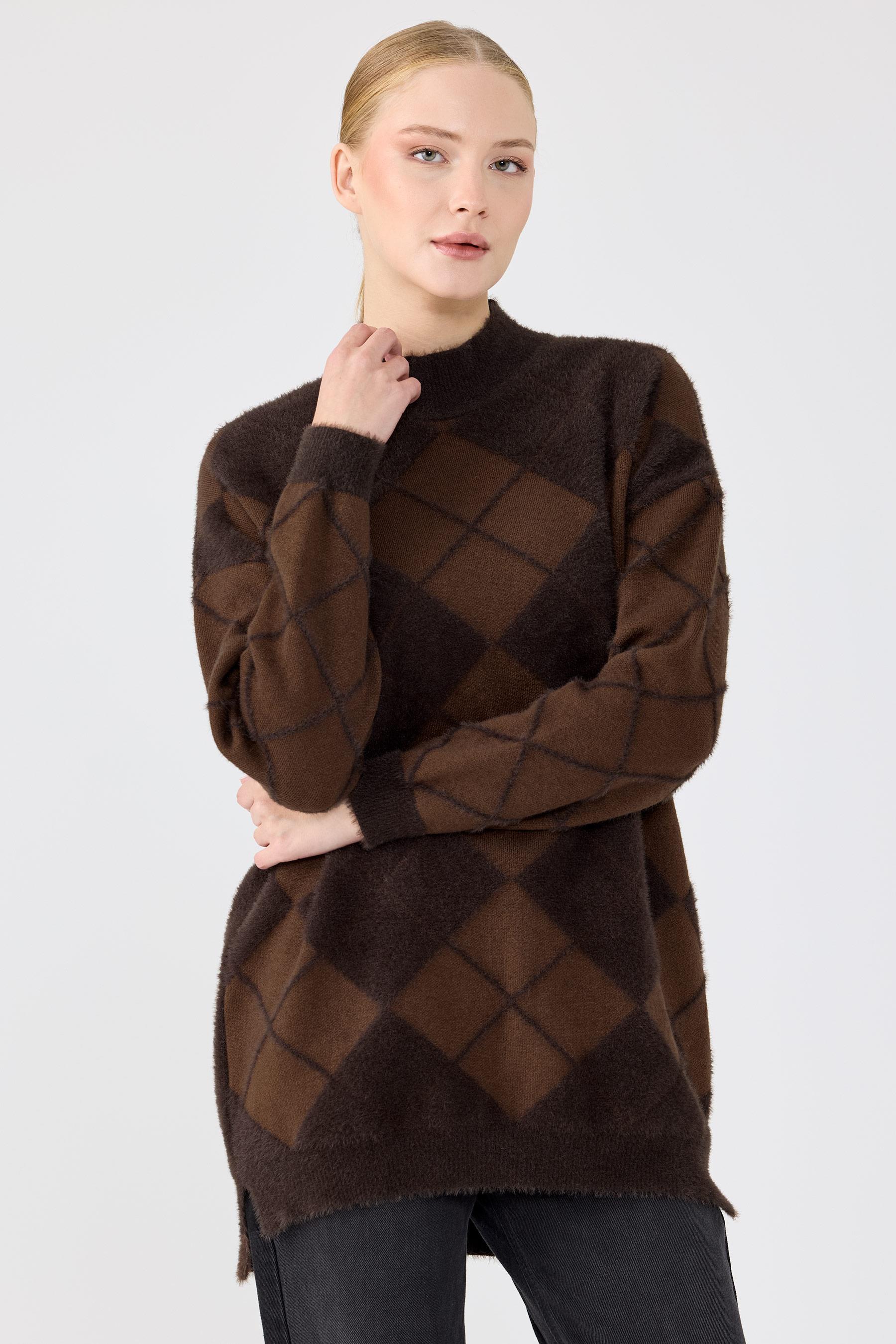 BAKLAVA DESENLİ MİNK TUNİK KAHVE