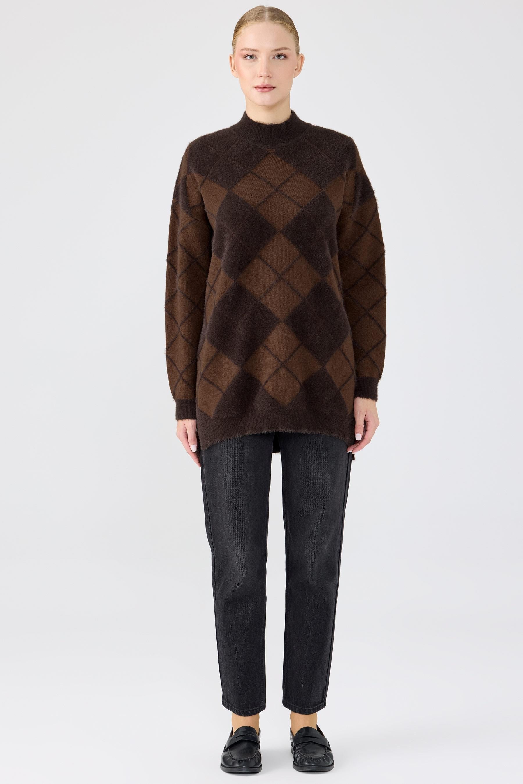 BAKLAVA DESENLİ MİNK TUNİK KAHVE