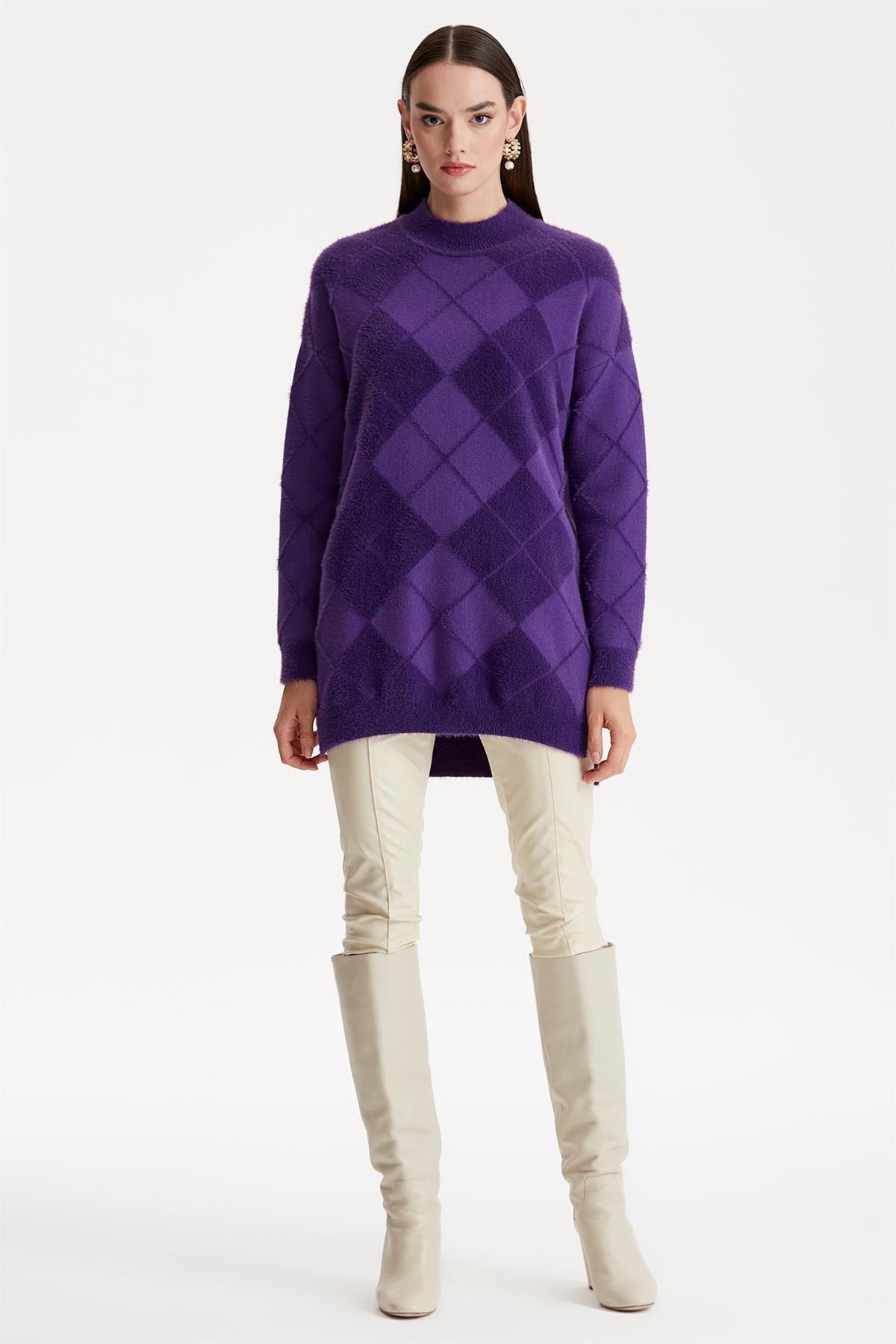 BAKLAVA DESENLİ MİNK TUNİK MOR