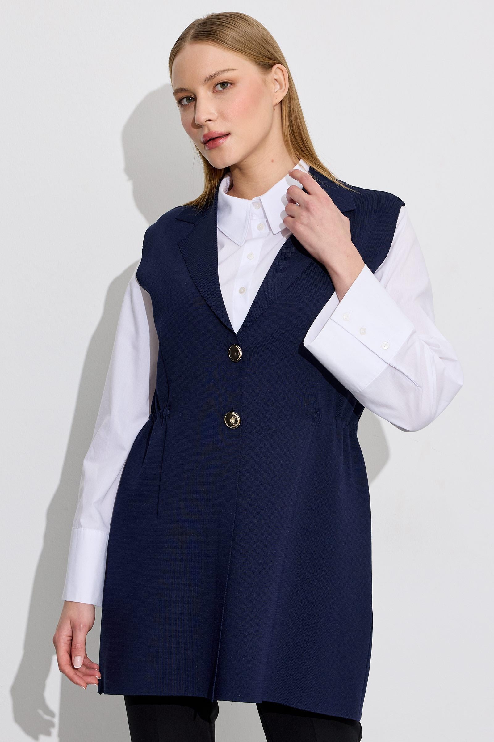 Belden Büzgülü Rayon Yelek LACİVERT