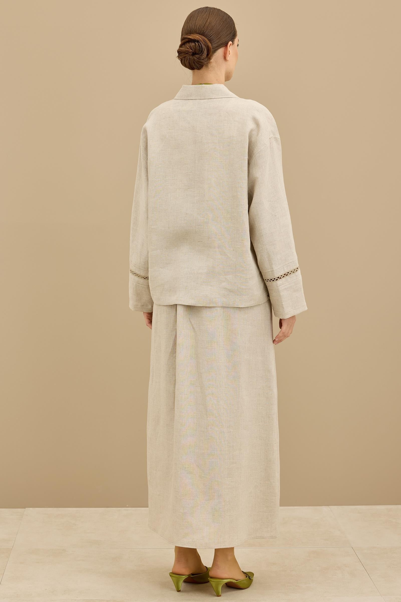 Beyaziş Nakışlı Keten Kruvaze Ceket Etek Takım BEJ