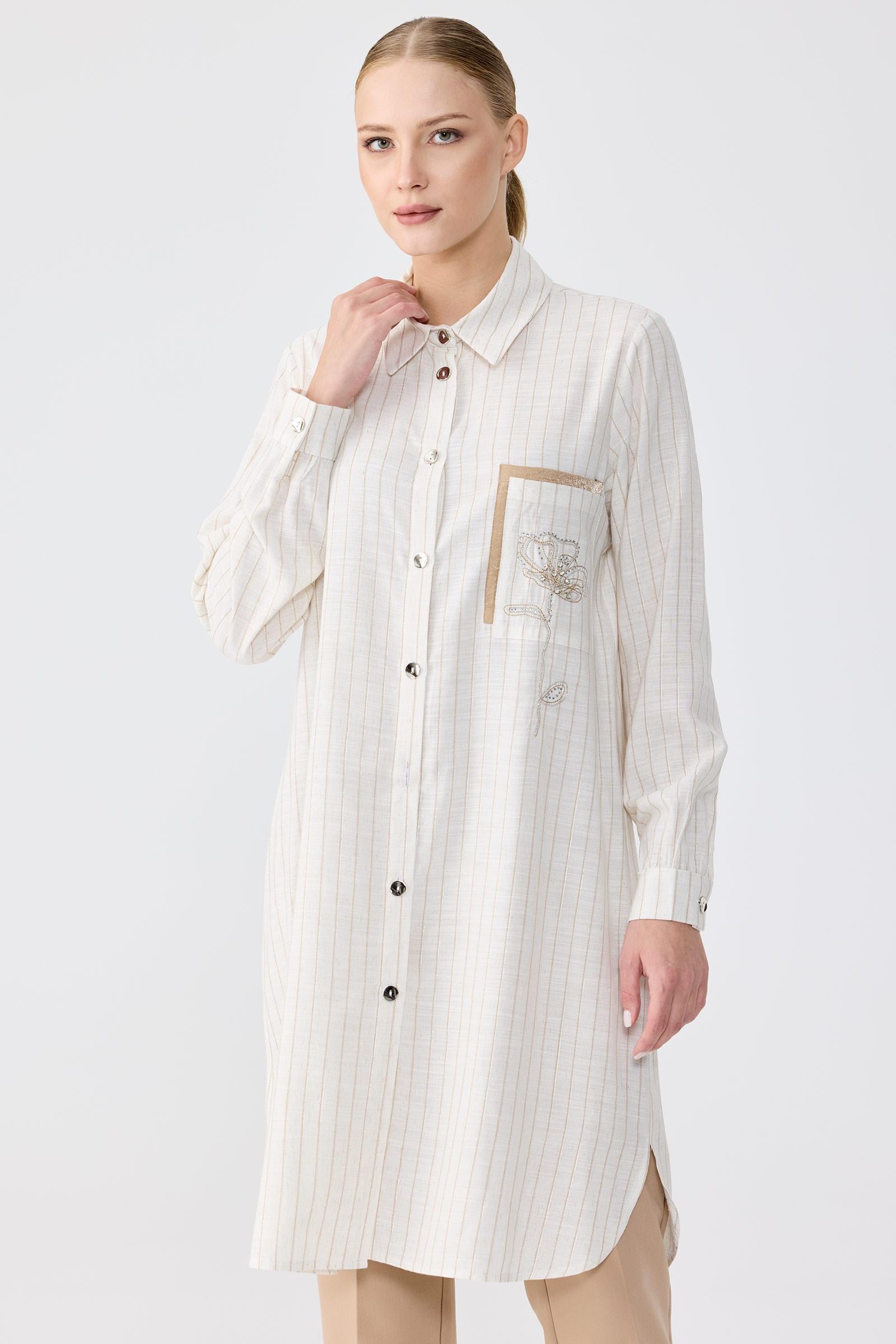 Cebi Çiçek Nakışlı Gömlek BEJ