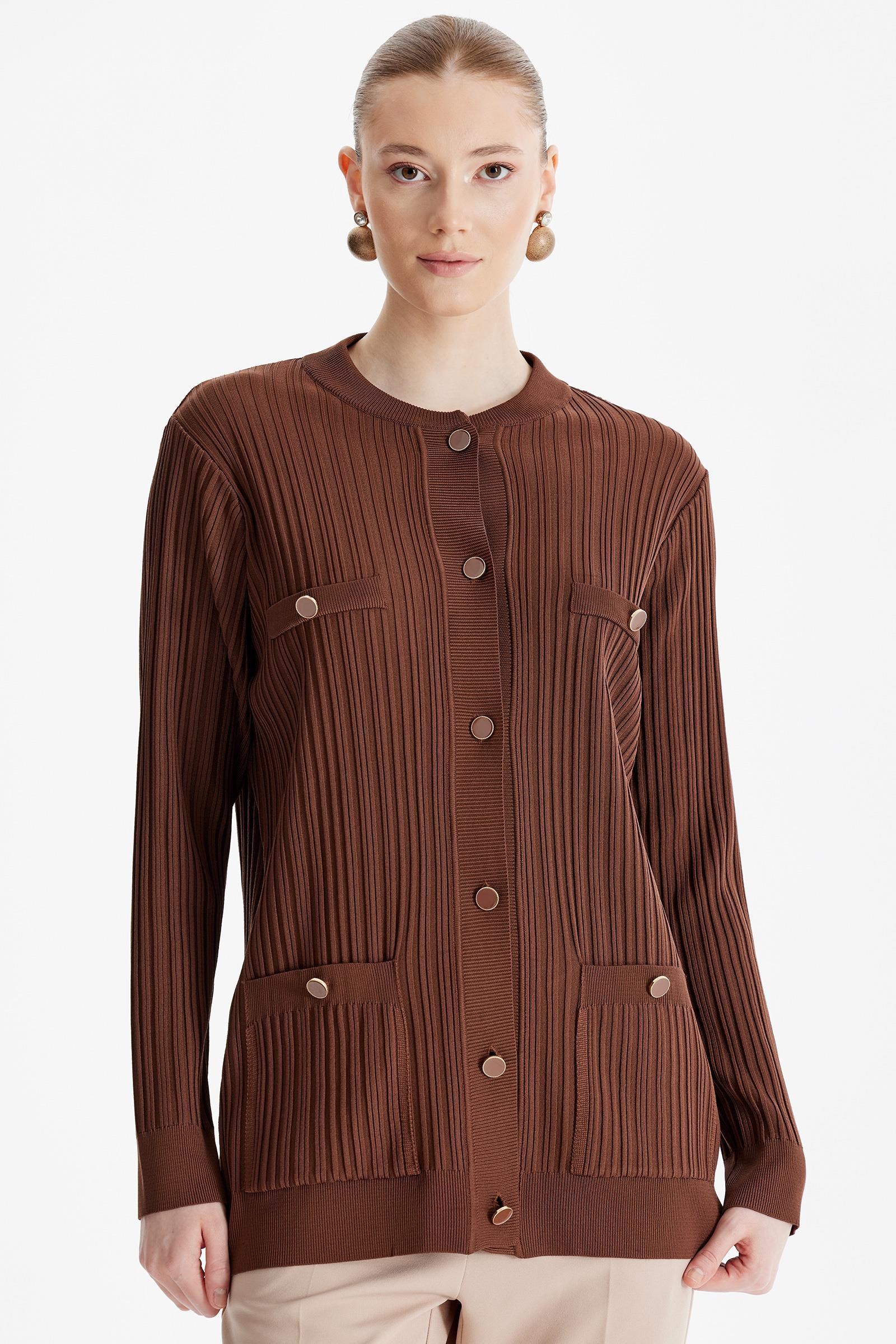 Cep Detaylı Triko Hırka KAHVE