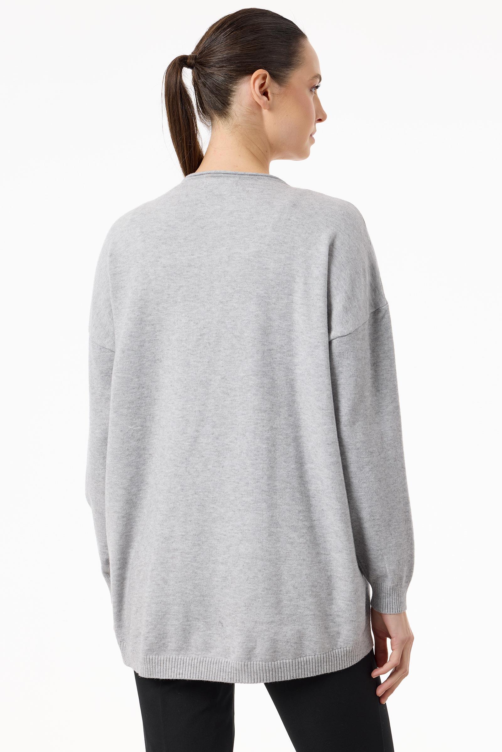 Cepleri Taşlı Kolye Detaylı Triko Tunik GRİ