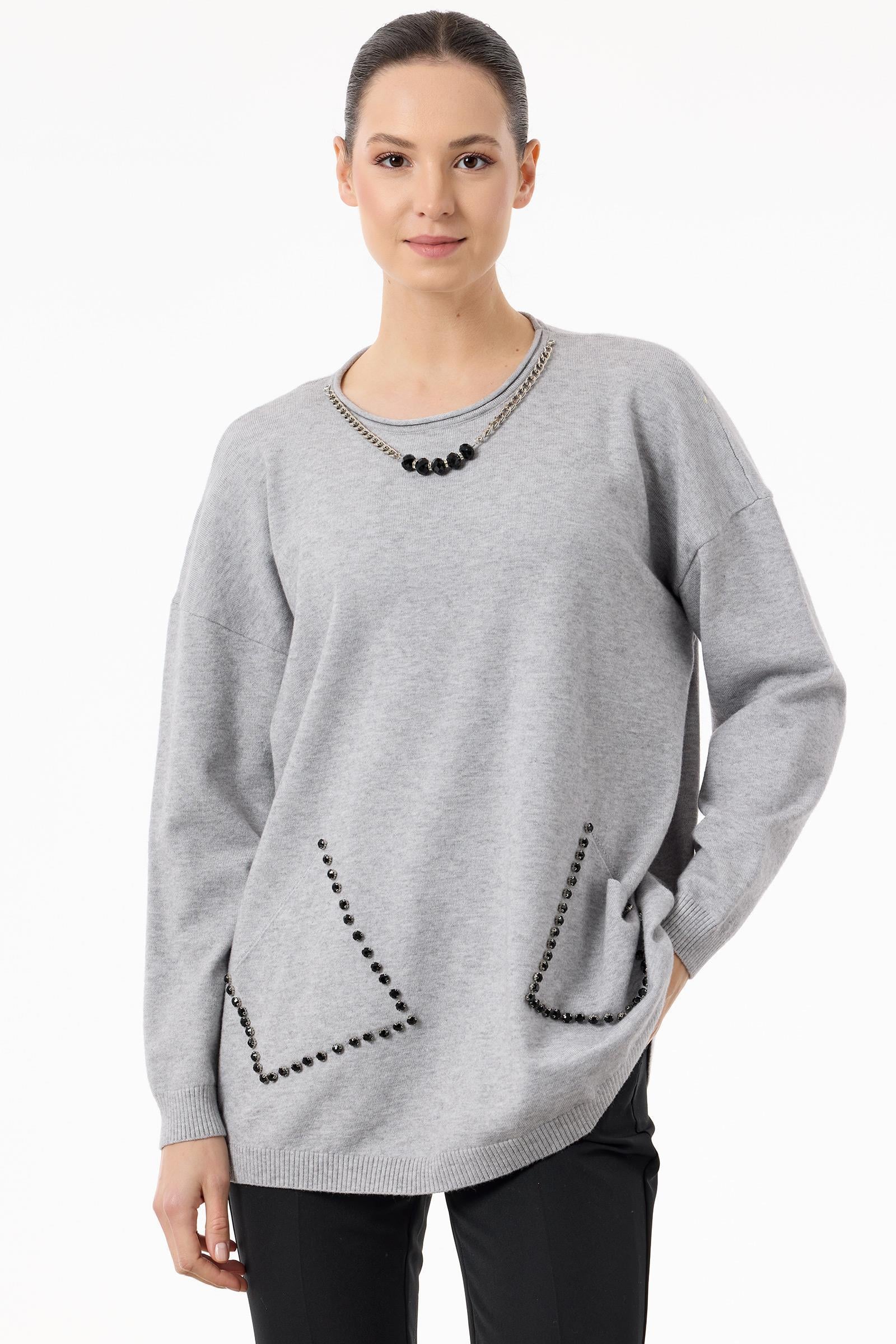 Cepleri Taşlı Kolye Detaylı Triko Tunik GRİ