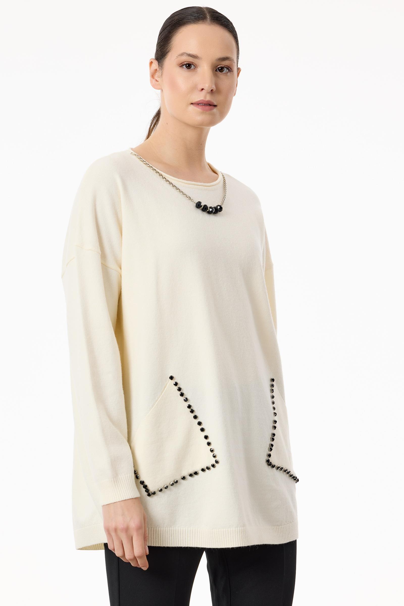 Cepleri Taşlı Kolye Detaylı Triko Tunik EKRU