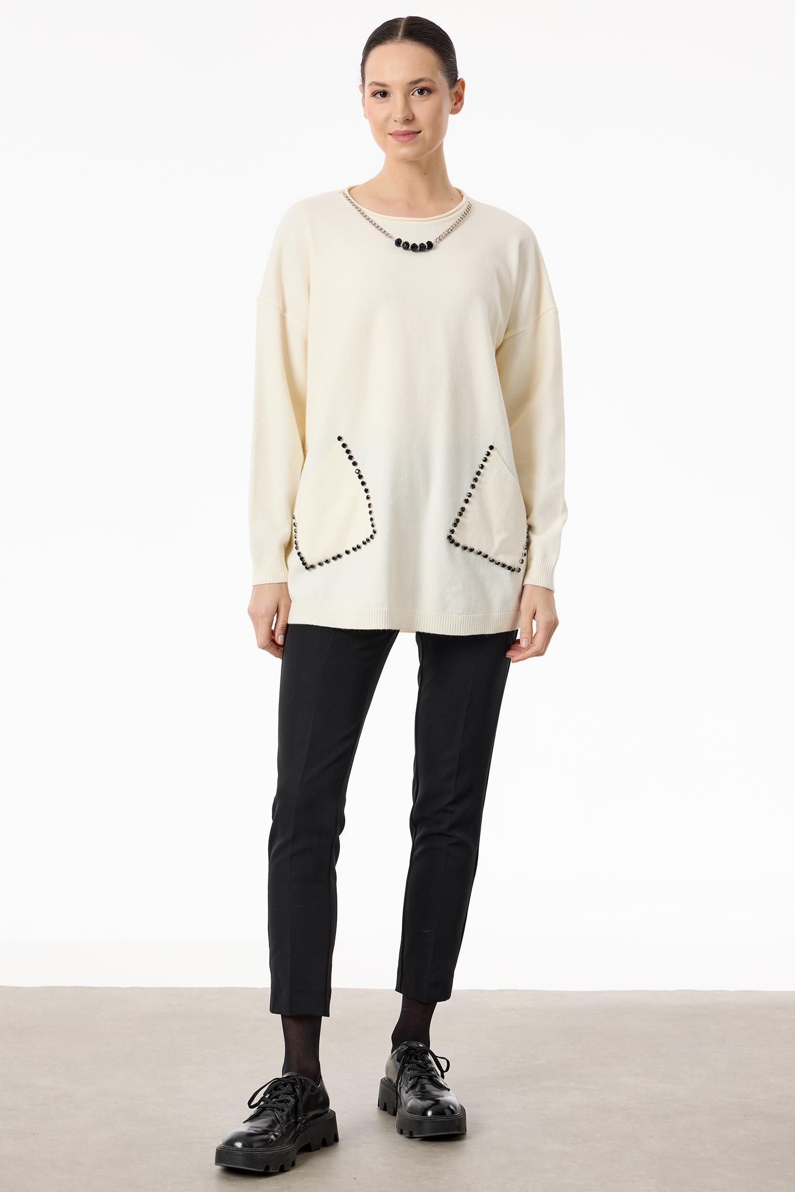 Cepleri Taşlı Kolye Detaylı Triko Tunik EKRU