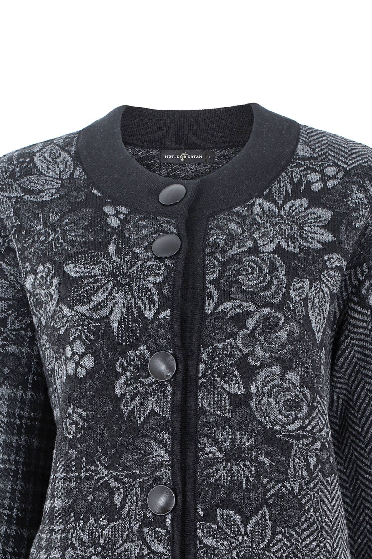 Çiçek Desenli Triko Hırka-Siyah-O.Gri-Antrasit