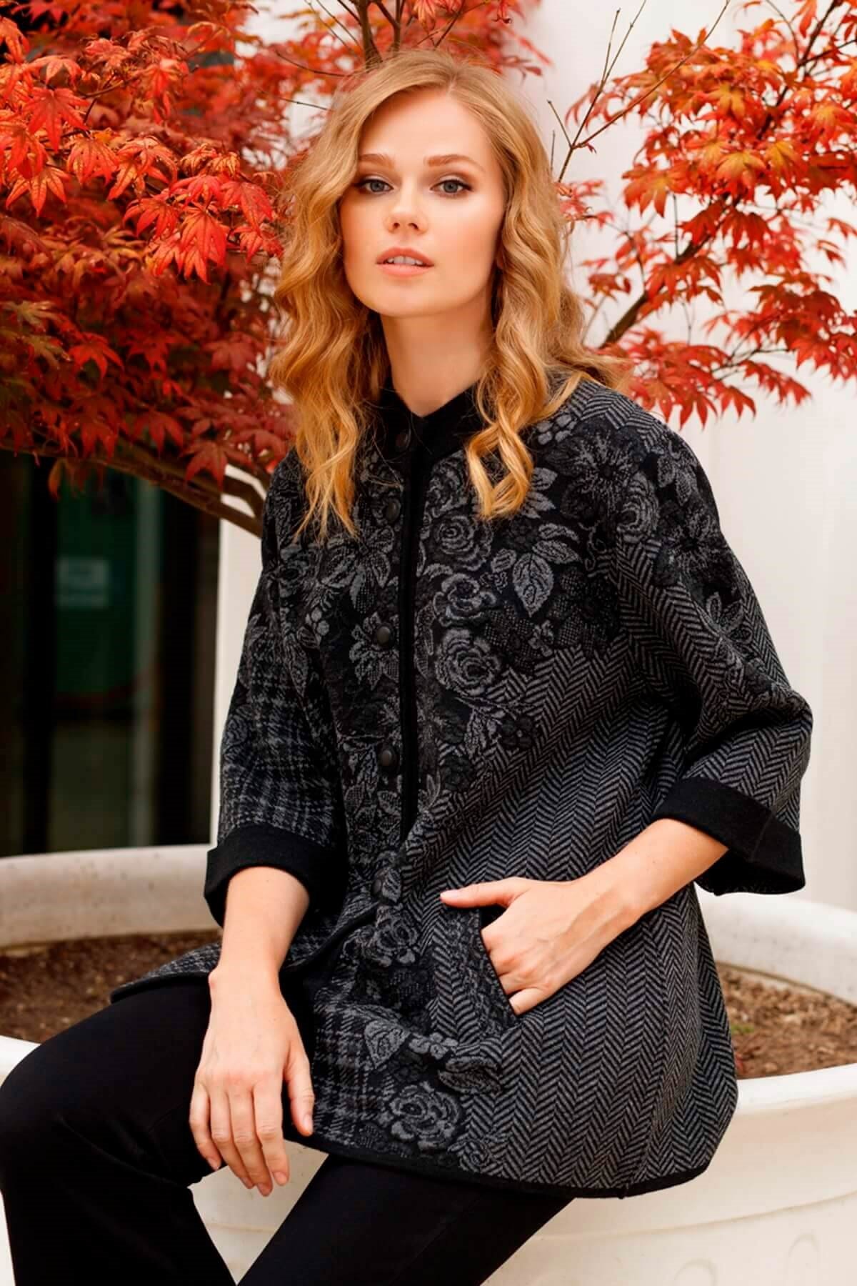 Çiçek Desenli Triko Hırka-Siyah-O.Gri-Antrasit