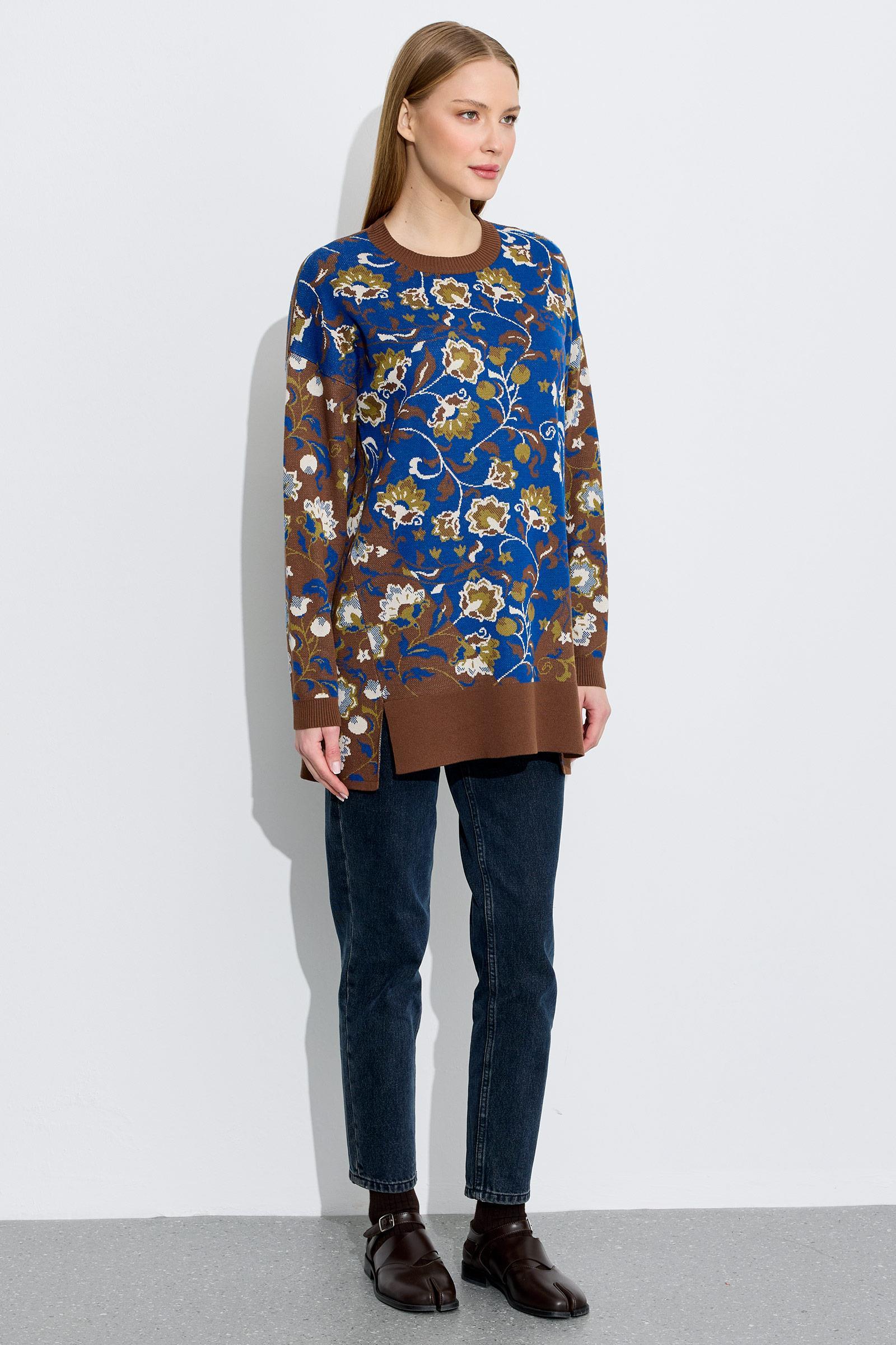 Çiçek Desenli Yandan Yırtmaçlı Tunik KAHVE