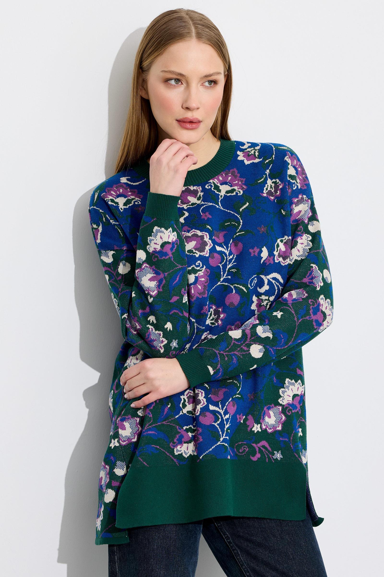 Çiçek Desenli Yandan Yırtmaçlı Tunik YEŞİL