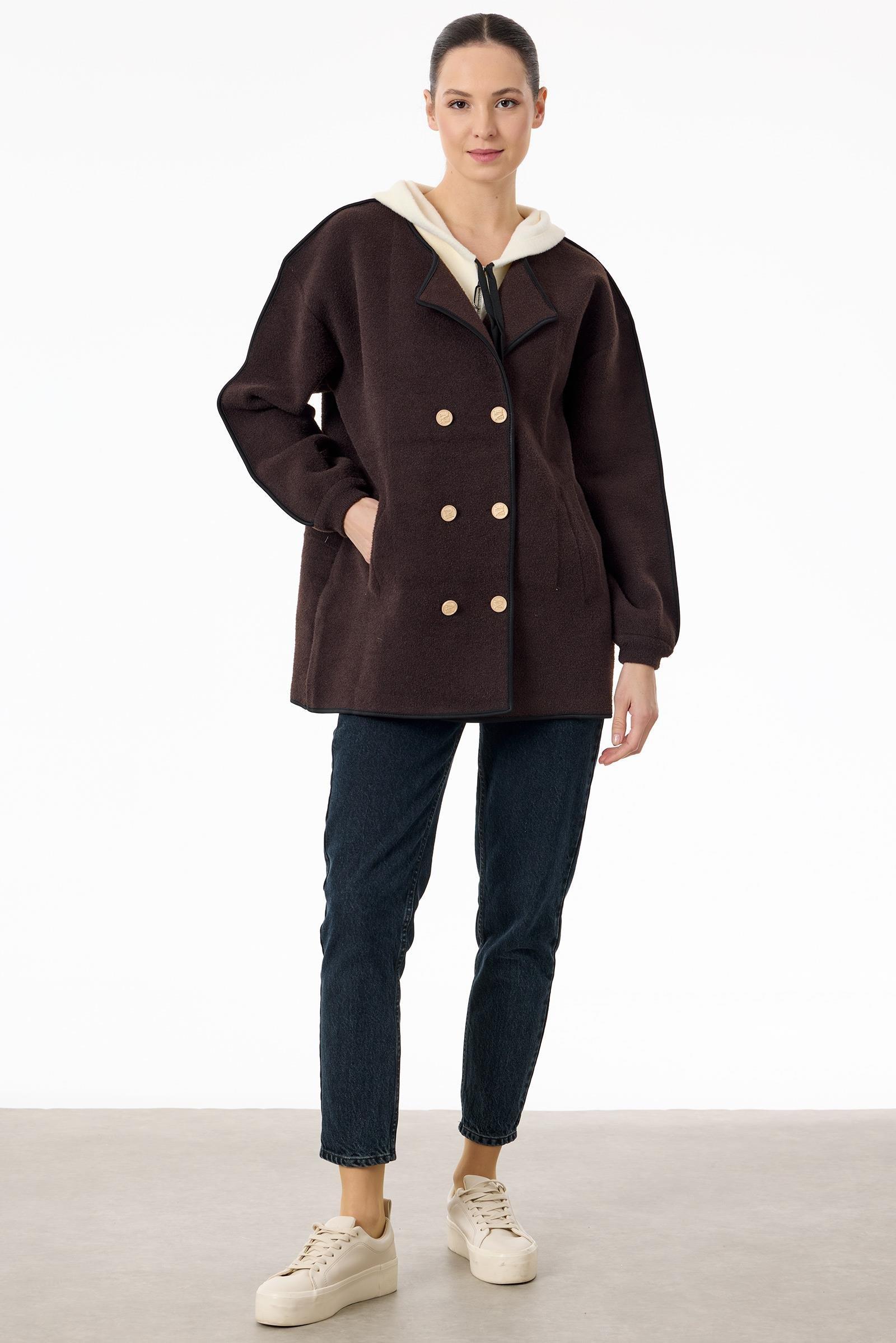 Çift Yaka Detaylı Triko Kaban KAHVE