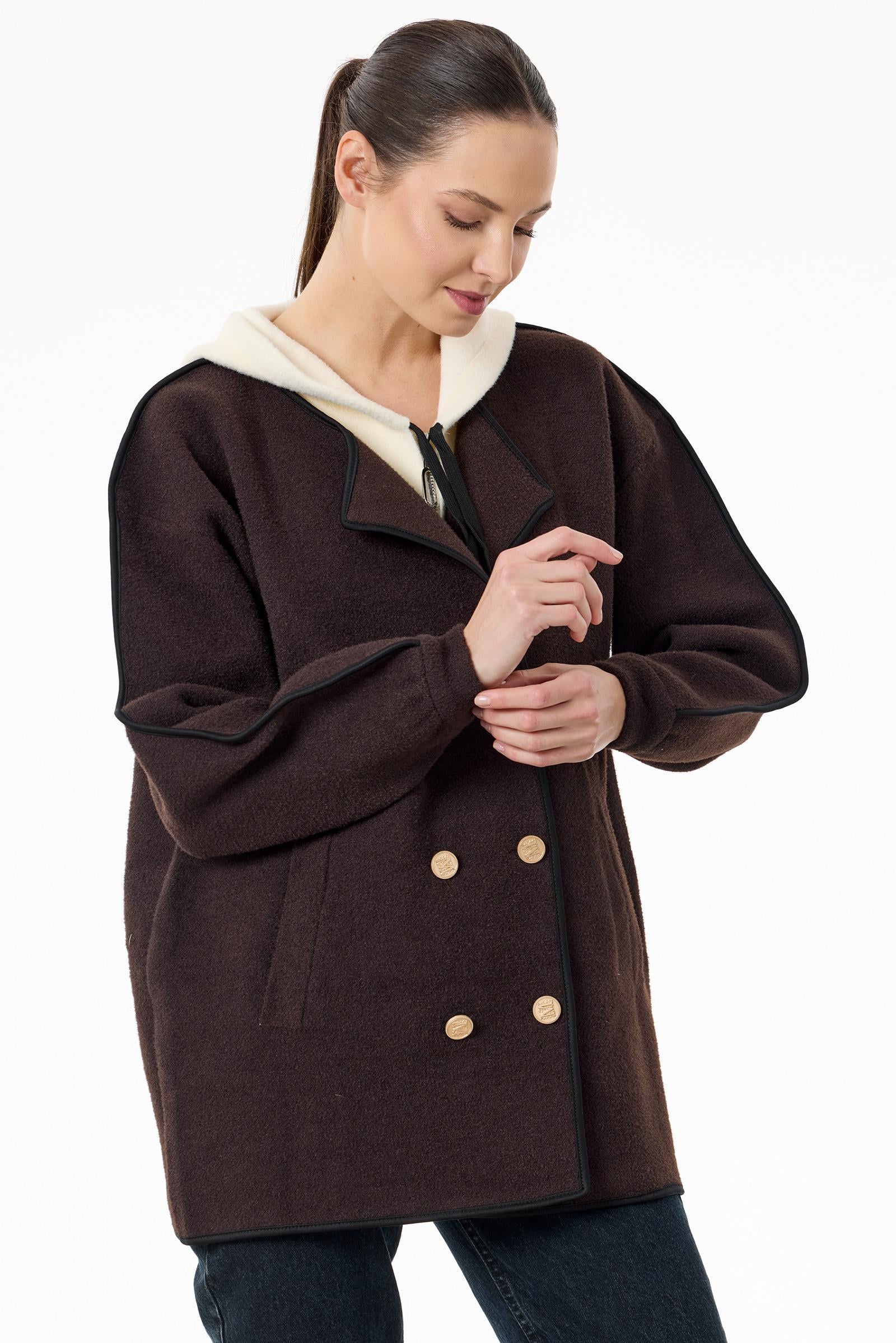 Çift Yaka Detaylı Triko Kaban KAHVE