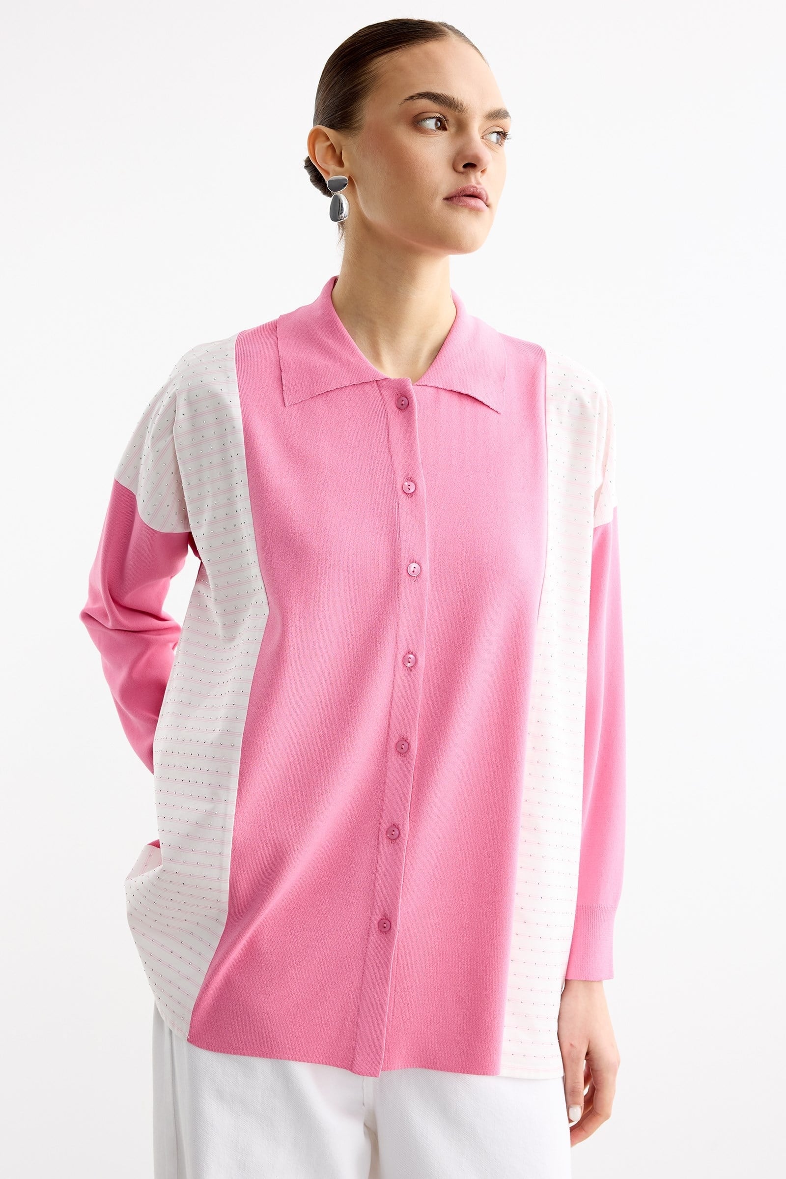 Çizgi Desenli Taşlı Kumaş Mixli Düğmeli Rayon Tunik KOYUPEMBE
