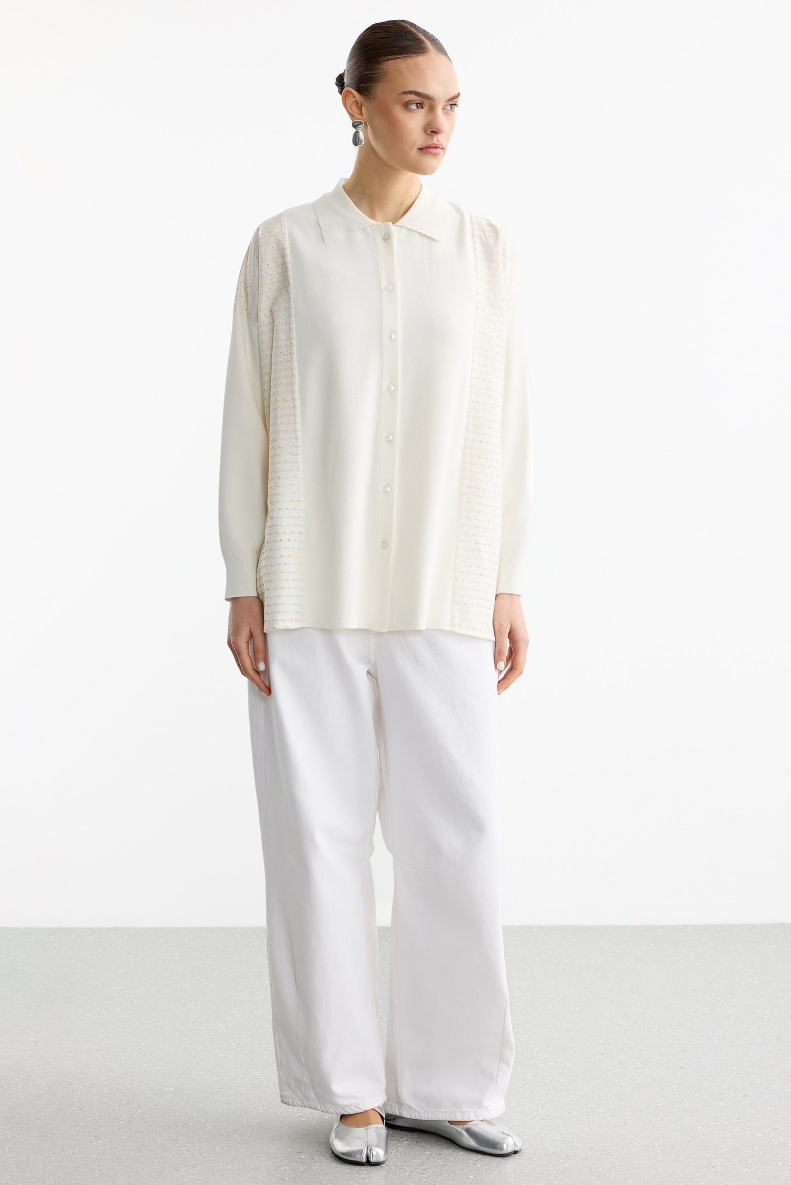 Çizgi Desenli Taşlı Kumaş Mixli Düğmeli Rayon Tunik EKRU