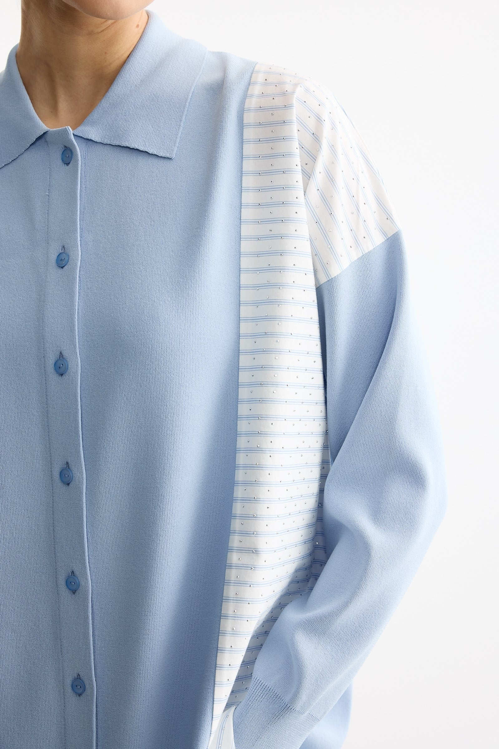 Çizgi Desenli Taşlı Kumaş Mixli Düğmeli Rayon Tunik MAVİ