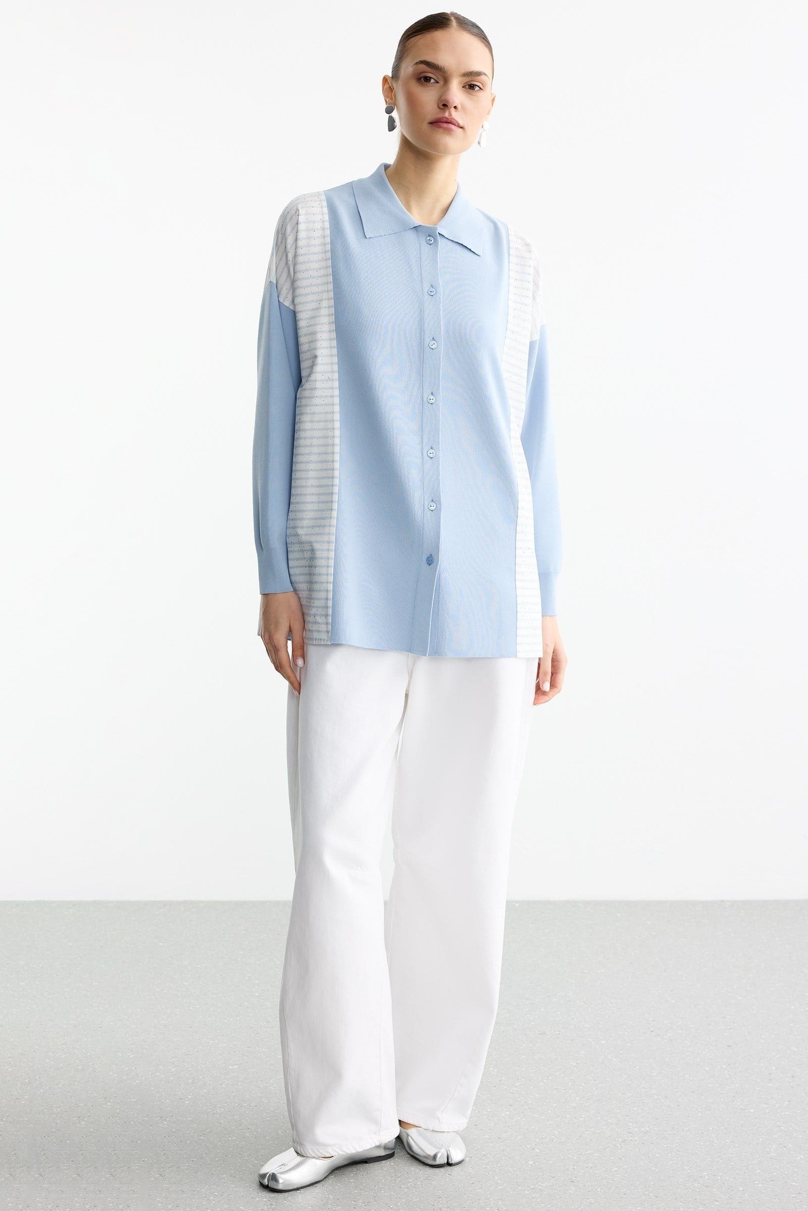 Çizgi Desenli Taşlı Kumaş Mixli Düğmeli Rayon Tunik MAVİ
