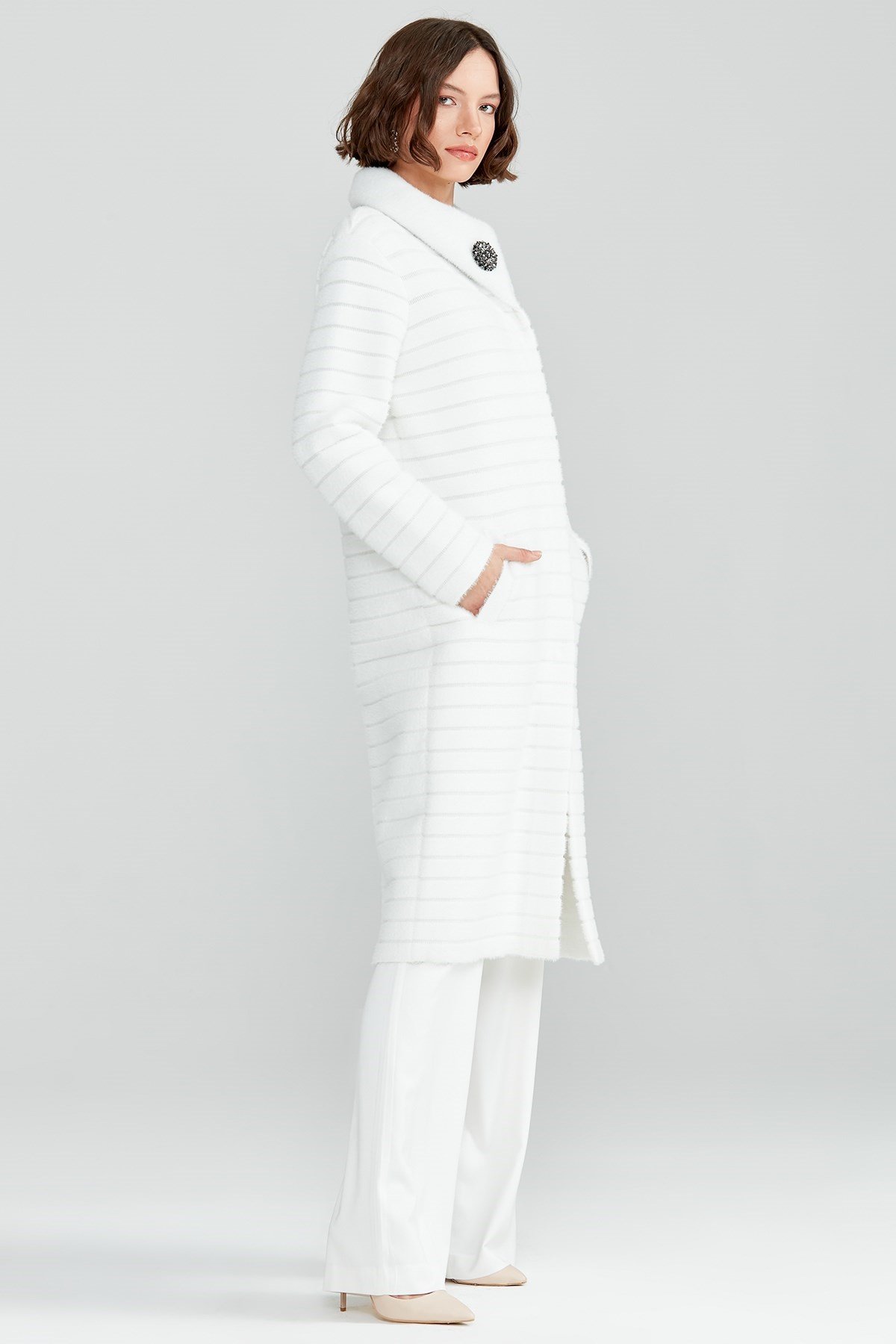 Çizgi Detaylı Angora Triko Kaban EKRU