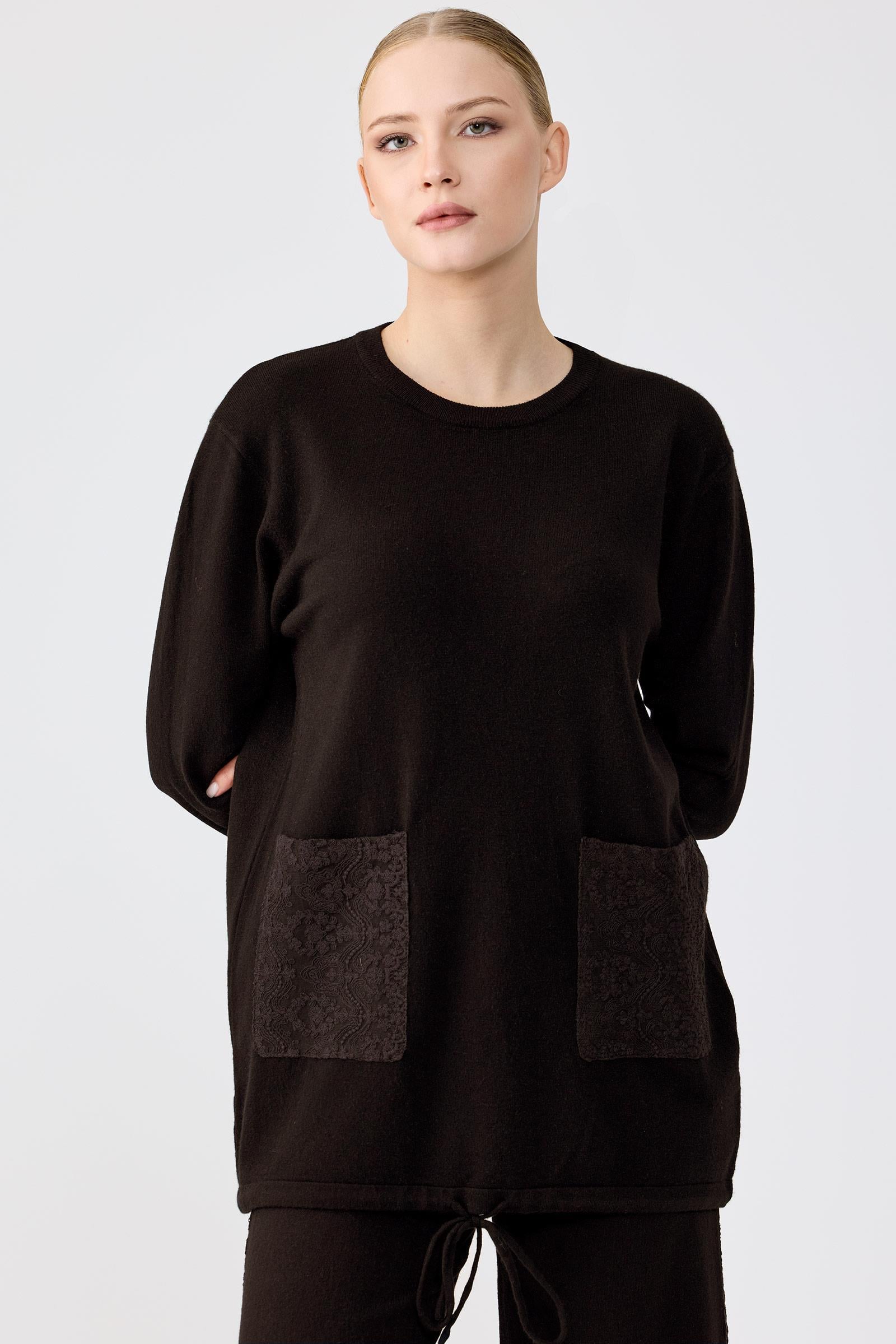 Dantel Detaylı Pantolonlu Triko Takım KAHVE