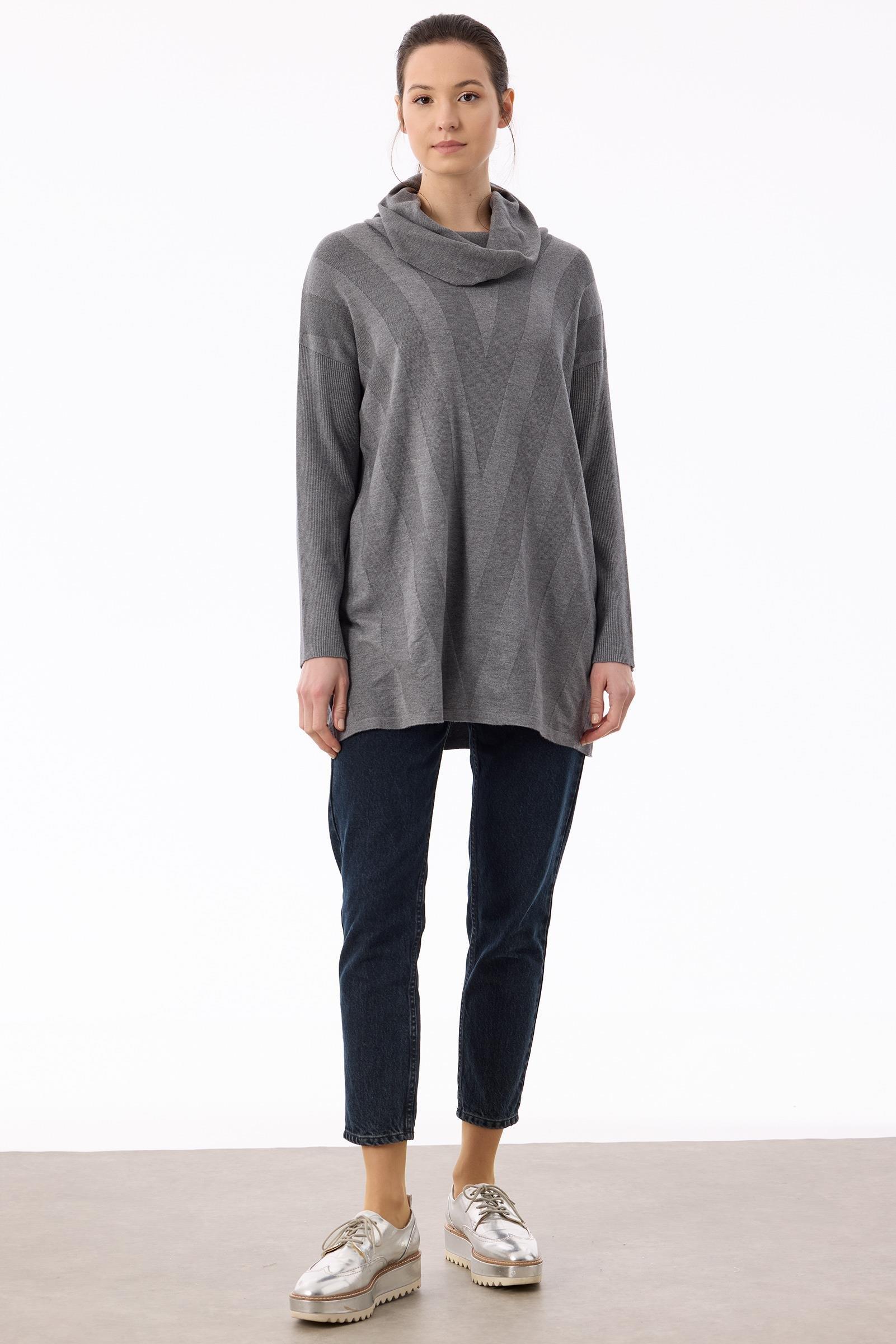 Degaje Yaka Triko Tunik GRİ